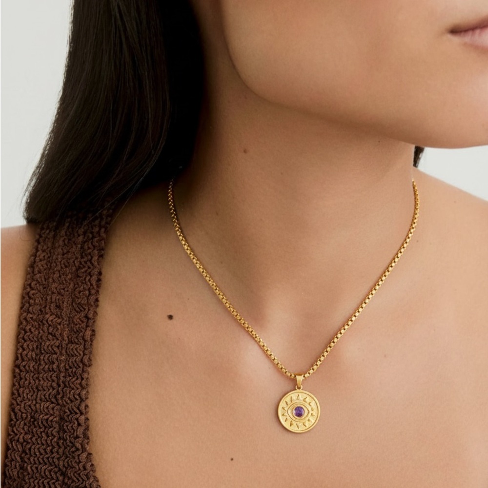 18K Gold Plated Evil Eye Necklace | Stainless Steel Women’s Pendant Chain - Picture 3 of 4